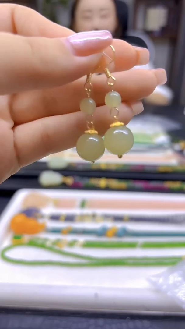 和田玉14K金镶嵌耳饰DIY款E774