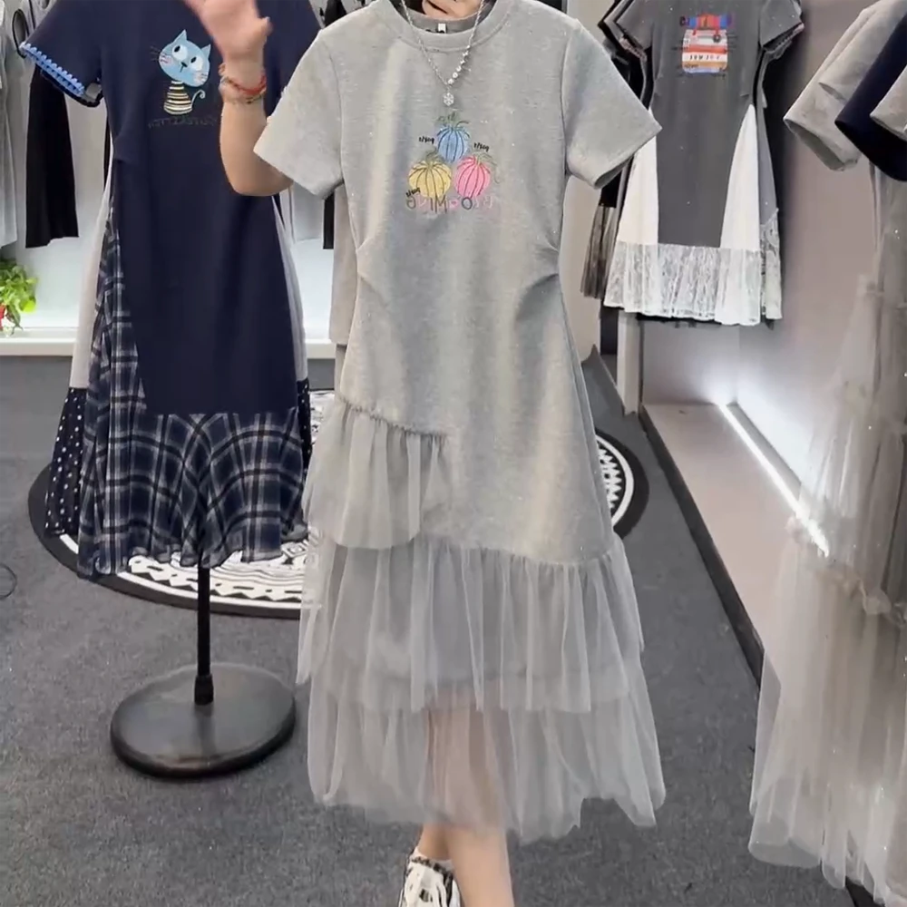 夏季显瘦时尚刺绣小南瓜拼接减龄连衣裙网纱中长款裙裙子女