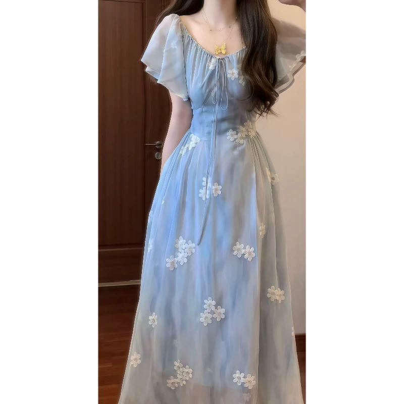 【雨落花庭】法式温柔重工刺绣V领雪纺连衣裙飞飞袖收腰长裙9366