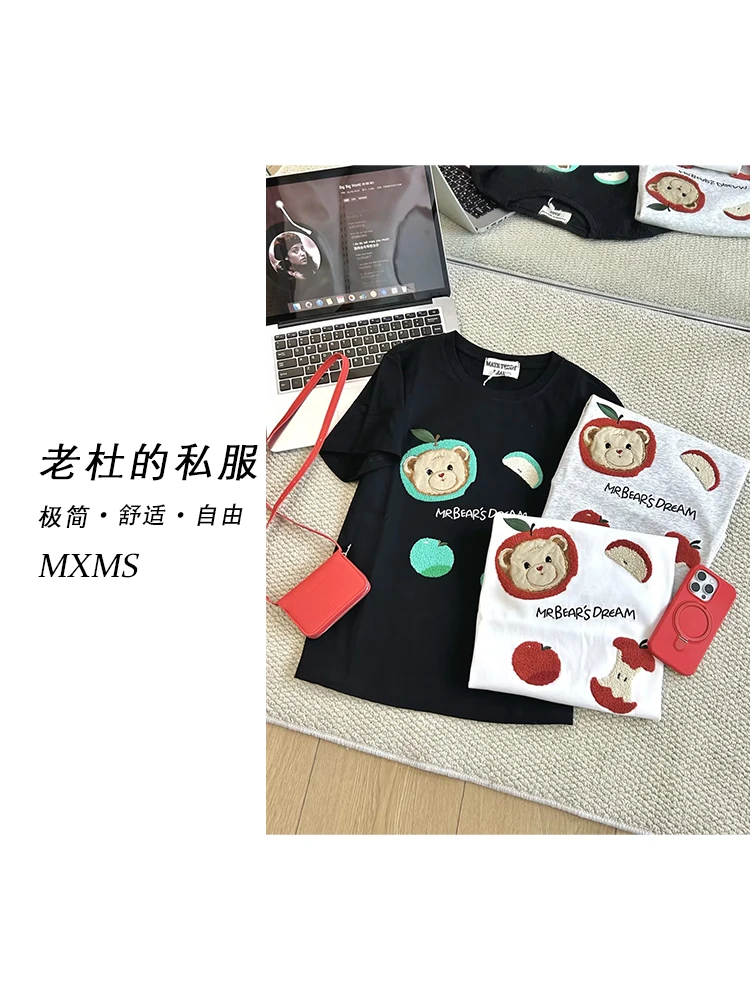 （麦欢尼）S8066-Q“苹果里的熊”韩系重工刺绣毛巾绣休闲运动T恤