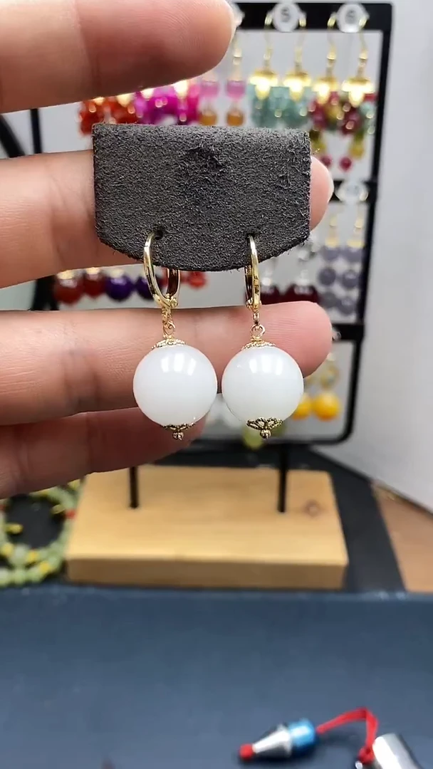 和田玉银S925镀金镶嵌耳饰尺寸14mm耳扣55