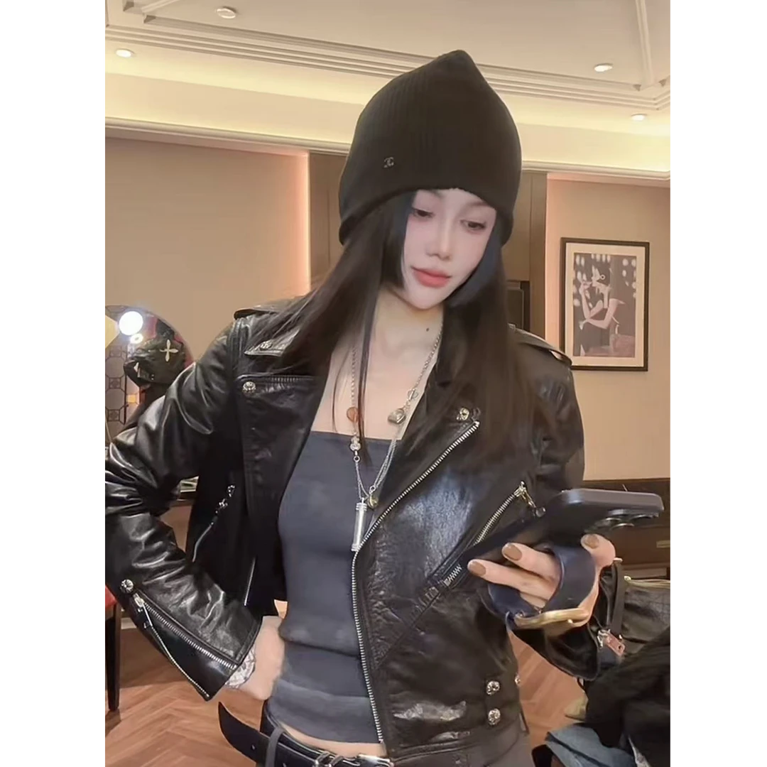 RUYIFASH斜拉链短款重工皮外套