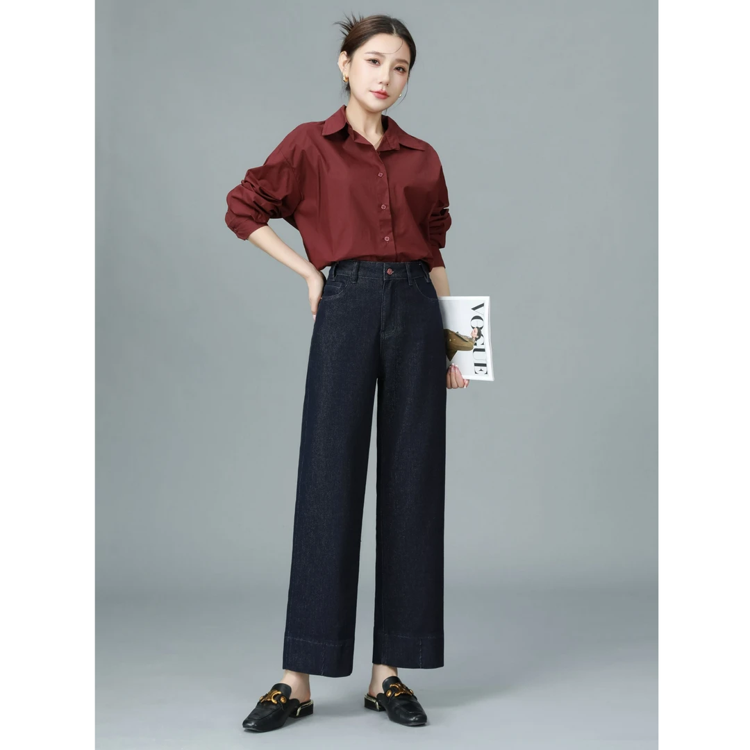 不褪色牛仔裤秋季高腰牛仔裤女轻职风显瘦直筒裤宽松小个子女裤