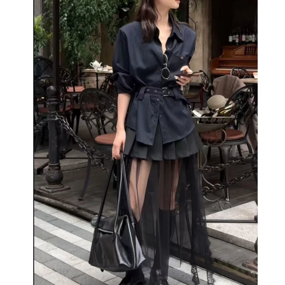 复古休闲高级感套装女条纹衬衫百褶网纱裙三件套2025早秋新款女装