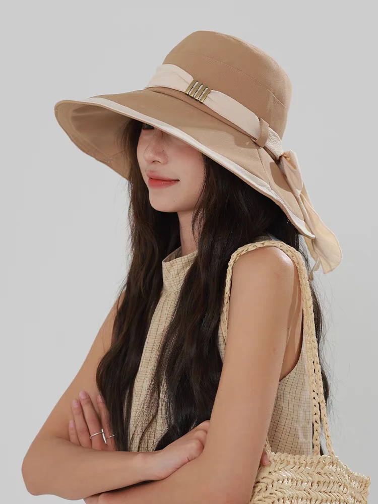 12厘米大帽檐遮帽阳防帽夏季渔夫帽81金属标蝴蝶结帽子可折叠女帽