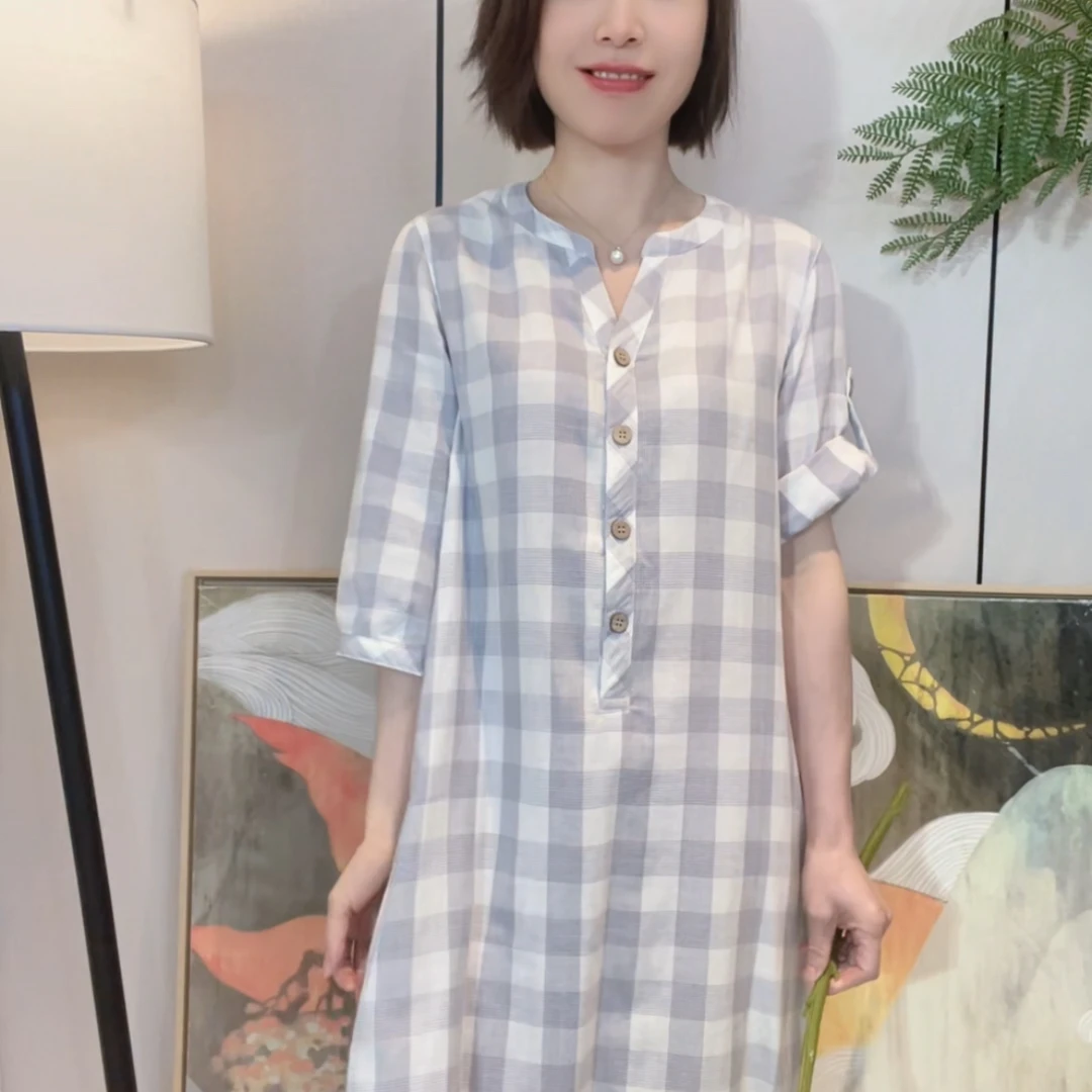 『格林』夏季纯棉纱布气质短袖睡裙家居服女款LZ2187