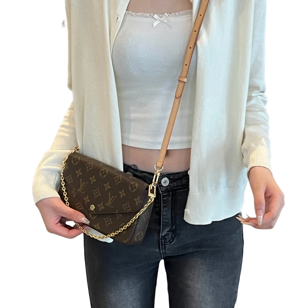 修复品LV路易威登经典老花三合一链条女士包包单肩斜挎荔枝