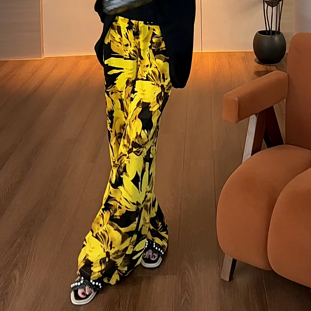 紫紫 活力裤 印花松紧夏季新款高腰垂感休闲直筒裤 ZD02KZYL095