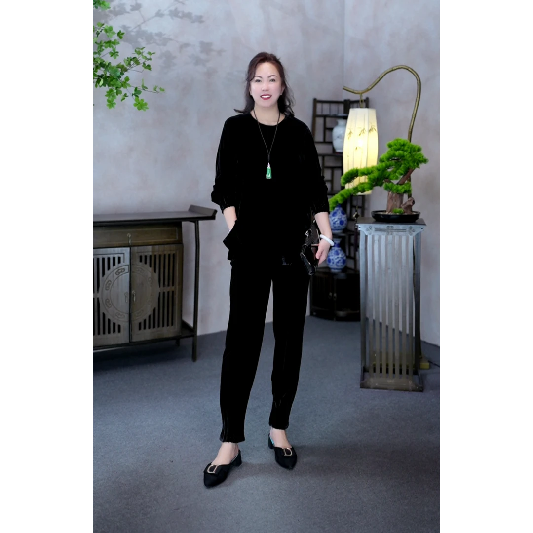 妙赐【MIAOCI】T6022新品时尚百搭遮肉显瘦休闲丝绒两件套装