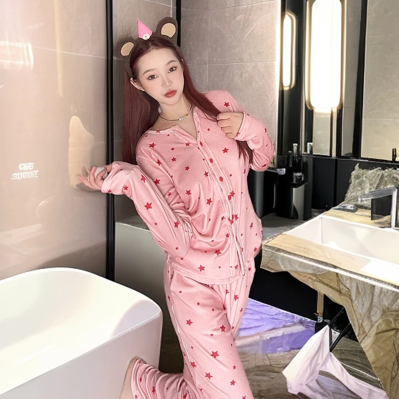 显高显瘦海岛绒家居服短上衣秋冬新款睡衣女长袖可外穿星星印花