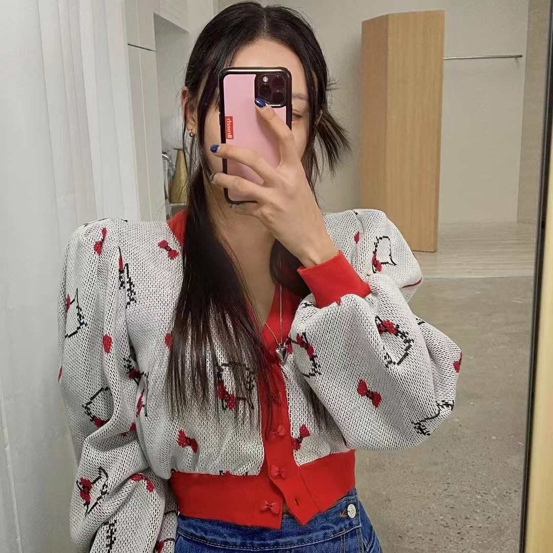 韩国东大门正品nana韩国女装no退no换AB泡泡袖KITTY针织开衫