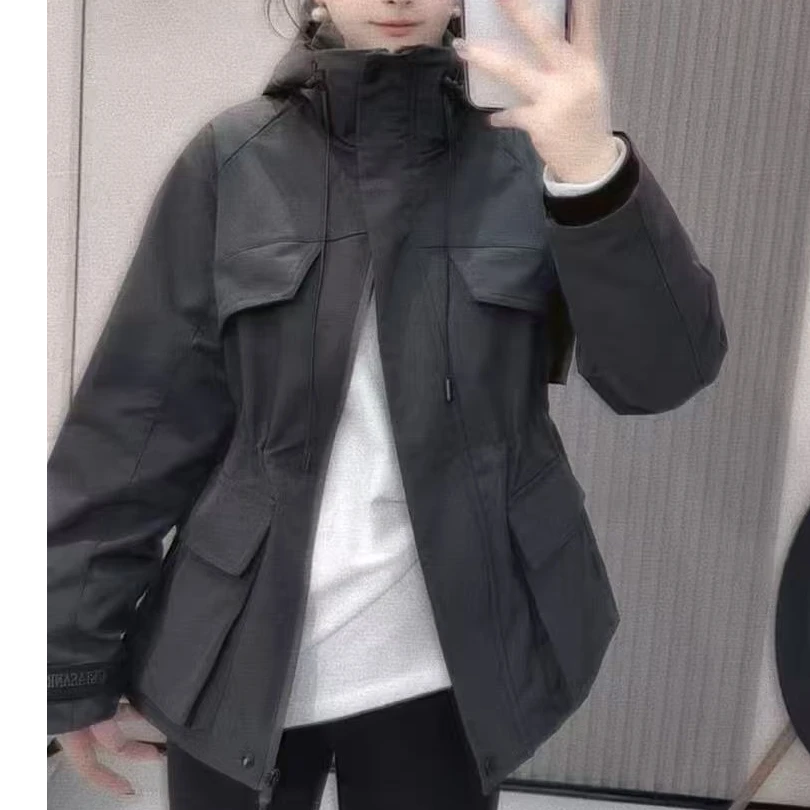 可抽腰双兜拉链款外套黑色米色2217（衣长70左右）