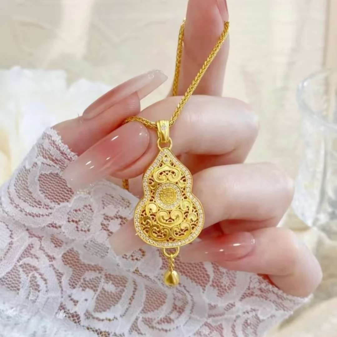 铜合金项链 新中式时尚百搭古法花丝葫芦吊坠气质高级项链锁骨链