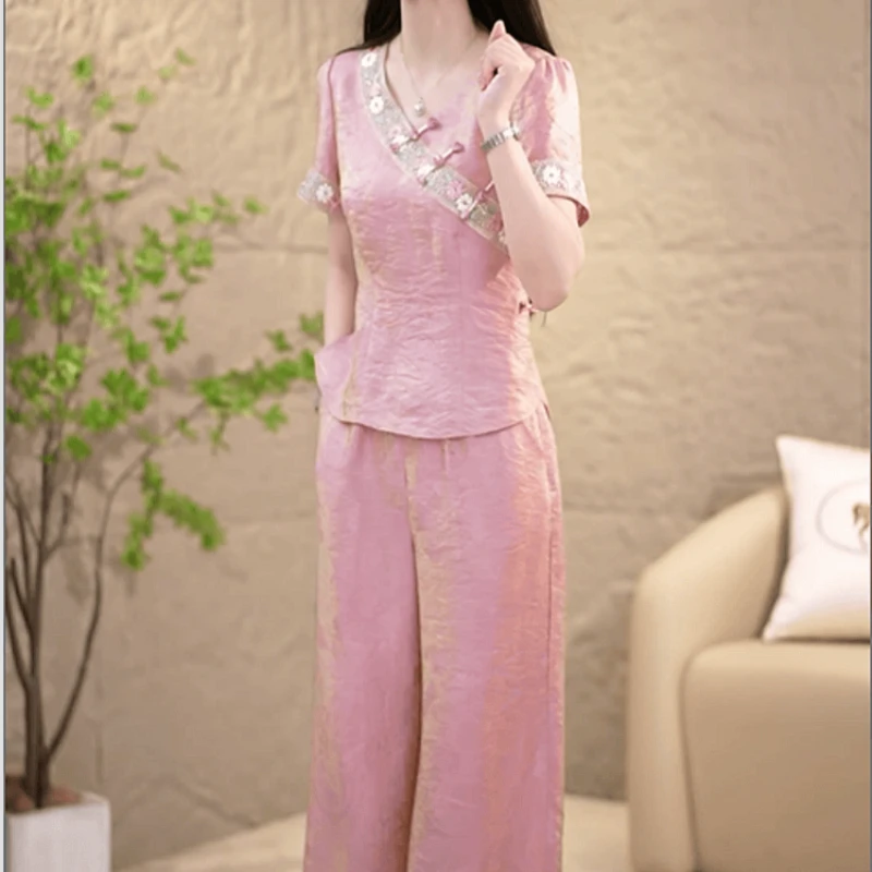 【上衣+休闲裤】2025夏季新款时尚高端精致国风盘扣设计显瘦两件套