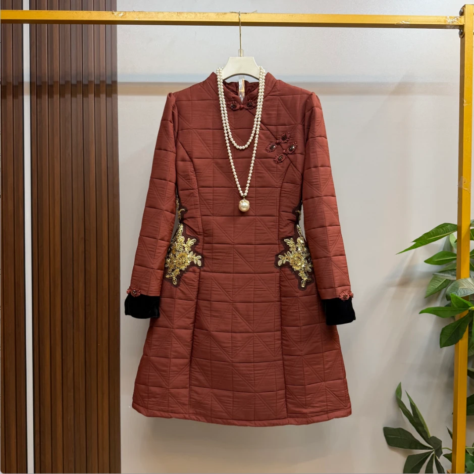 新款大码女装时尚洋气纯色百搭新中式夹棉显瘦连衣裙