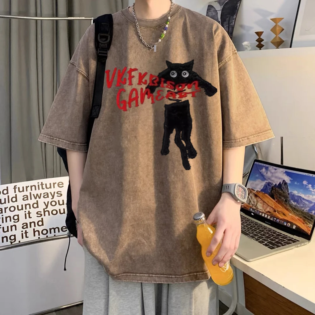 夏季新款水洗纯棉短袖T恤男女同款潮流宽松百搭美式复古做旧上衣