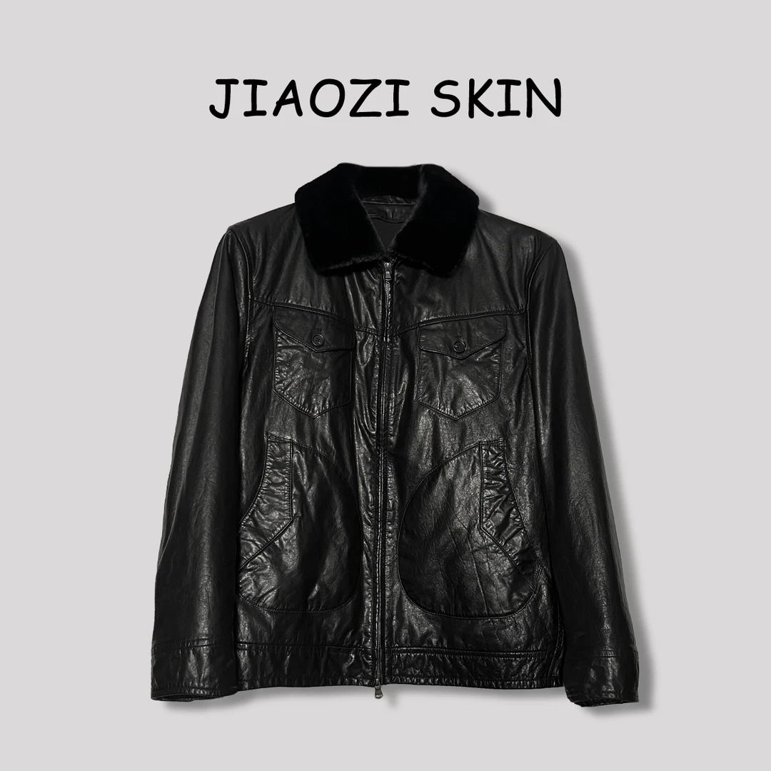 JIAOZI SKIN 秋冬男士水貂毛领休闲轻奢微宽松头层牛皮皮衣9903