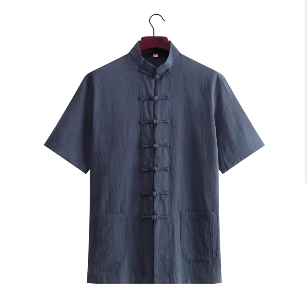 【谦君】新中式国风复古棉麻宽松立领夏季短袖男款老人男士唐装上衣