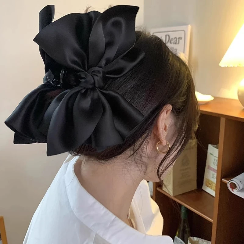大蝴蝶结很显头~黑色缎面抓夹女鲨鱼夹气质后脑勺发夹子发卡头饰