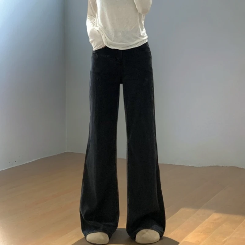 痞帅炸街风女装加长版黑色复古阔腿牛仔裤女秋季新款直筒拖地裤子