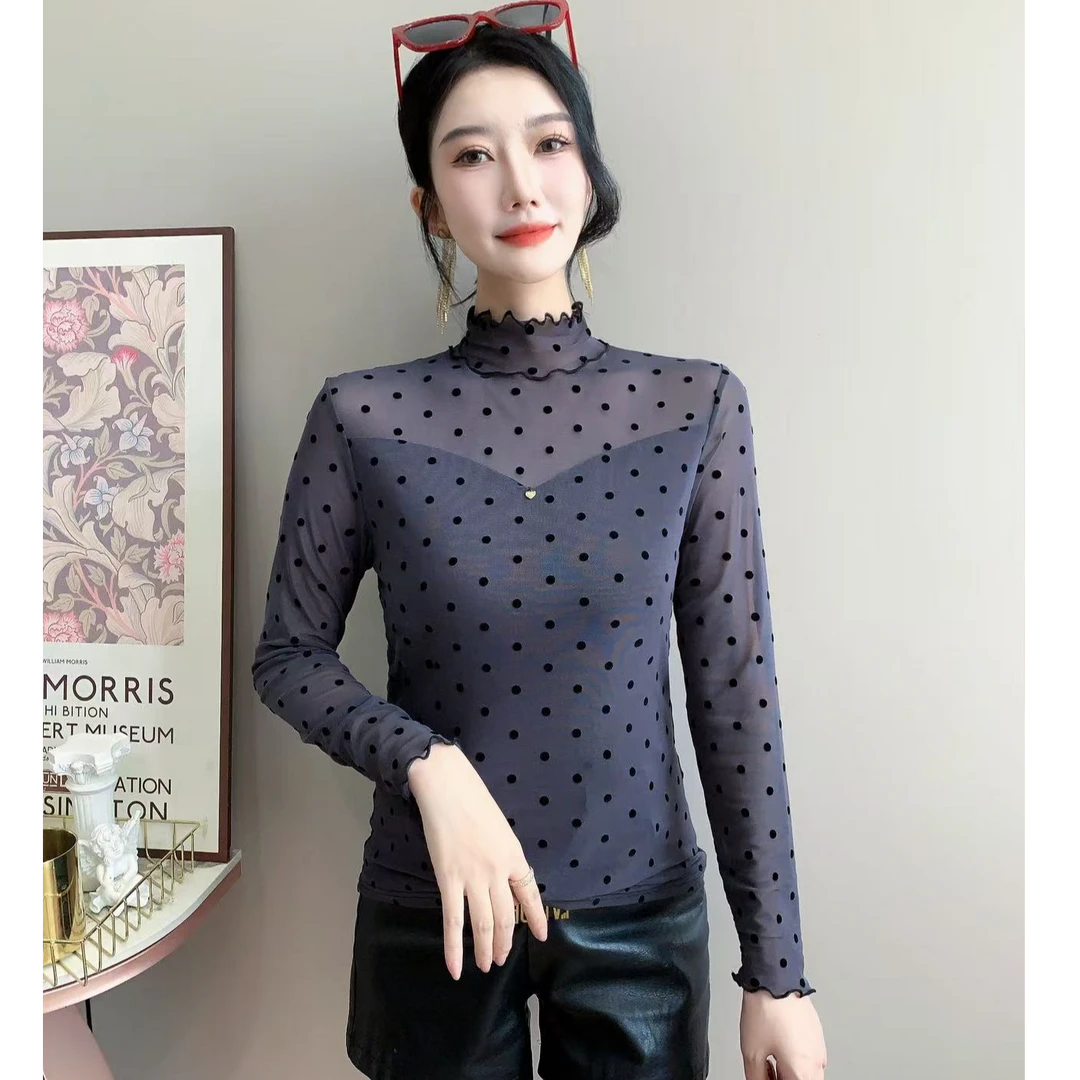 黑色波点网纱打底衫女内网红时髦小衫黑色长袖T恤百搭上衣秋冬潮t