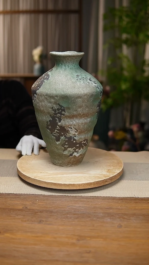 【闪购商品】陶瓷 花器诧寂复古绿高脚