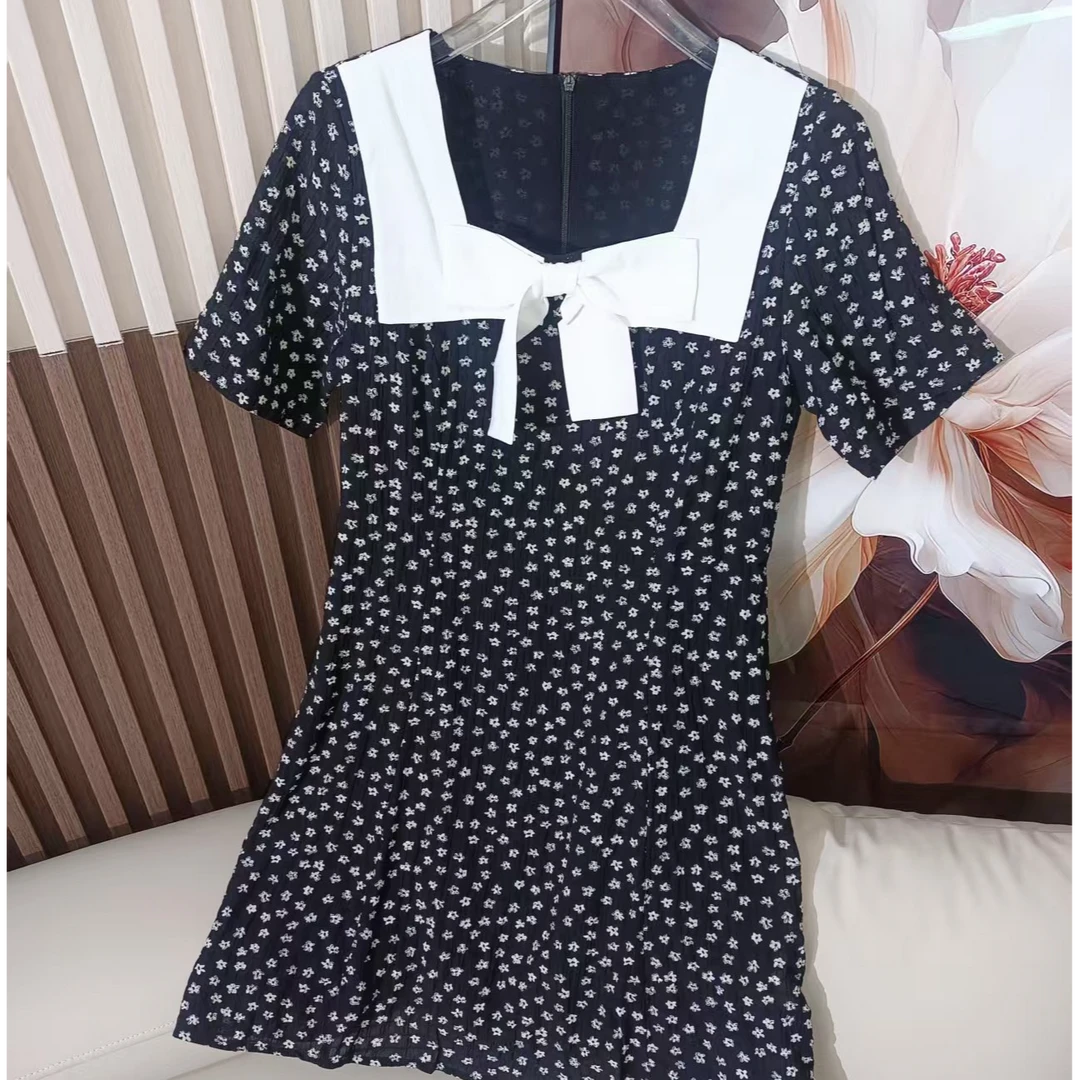 夏季休闲撞色温柔风气质显瘦碎花短袖连衣裙11918（C7-3）