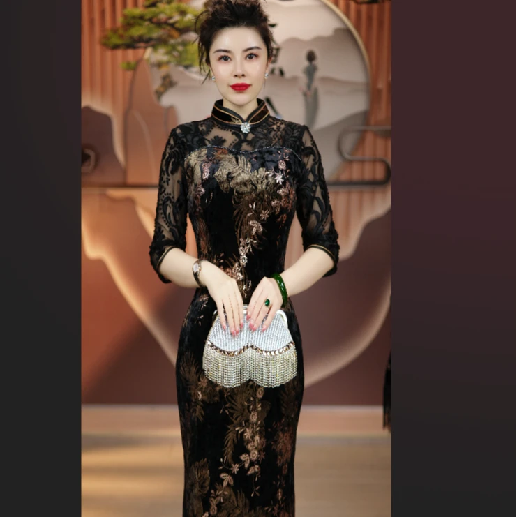 秋冬新款欧若风复古中式国风高级旗袍修身显瘦长款优雅气质日常