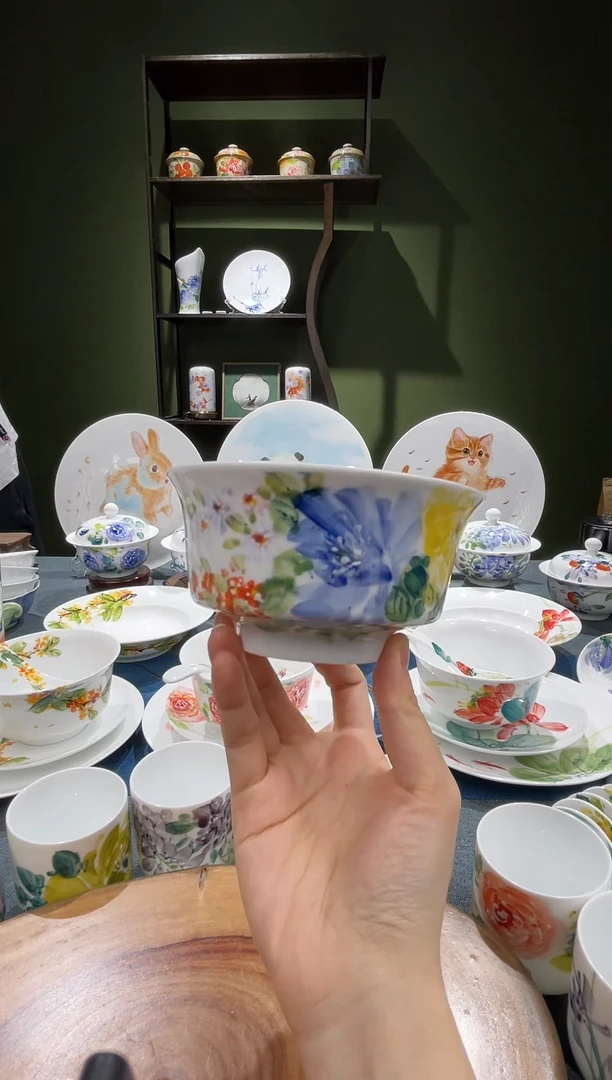 碗景德镇高温釉下彩4.75英寸金钟碗莫奈大花紫黄