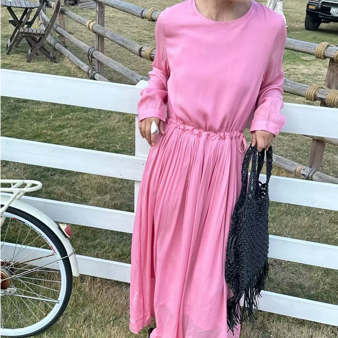 2311 抽绳系带连衣裙女新款宽松圆领长袖长裙子