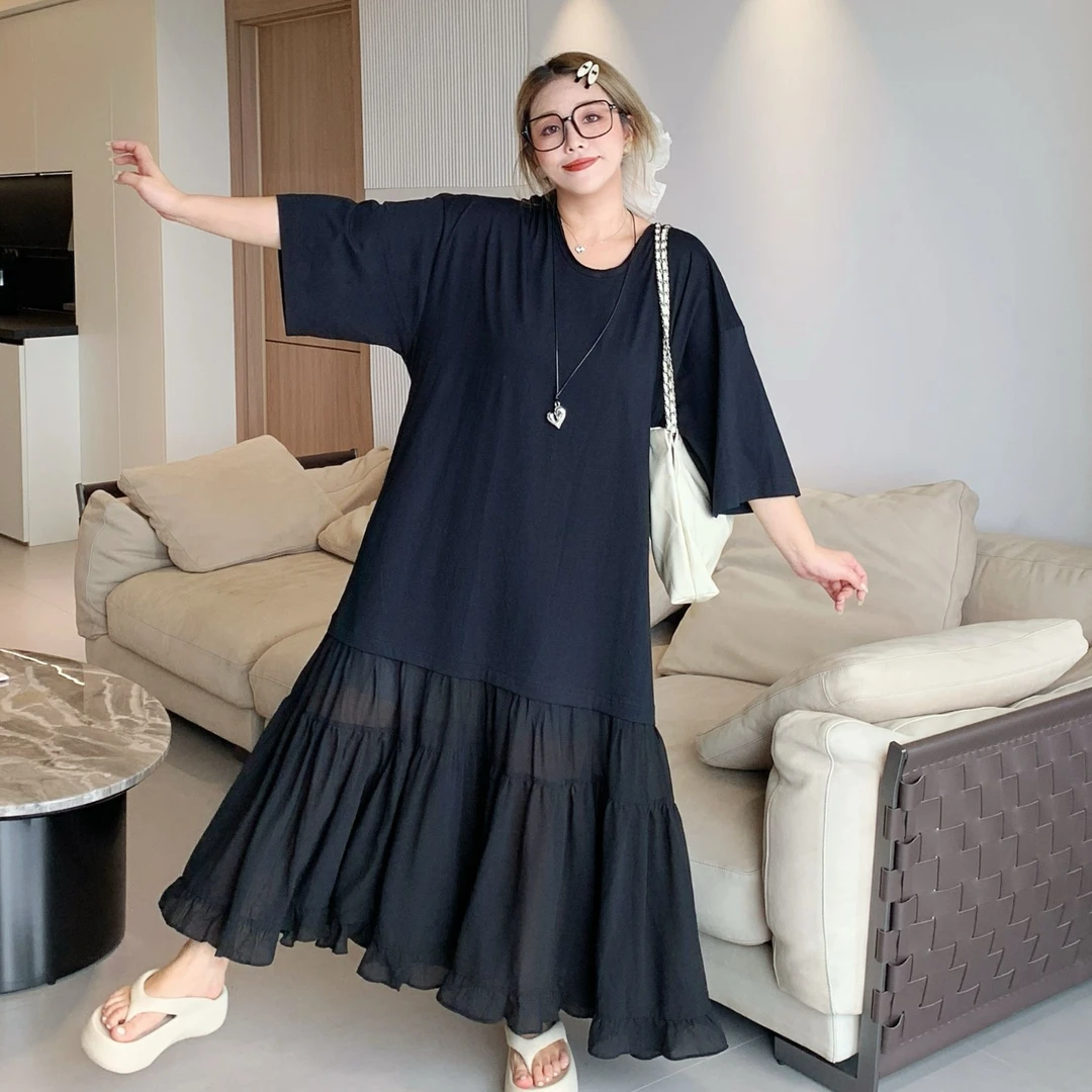 媛子大码法式拼接网纱连衣裙夏季胖mm遮肉穿搭气质时尚洋气长裙