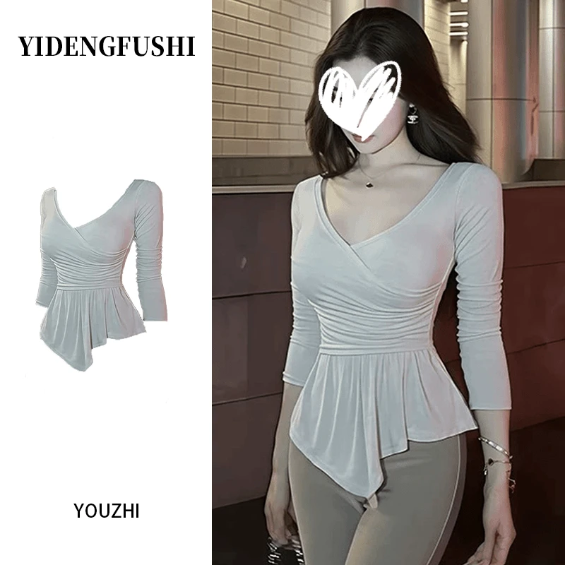 YIDENG纯欲风交叉V领不规则T恤女早秋新款辣妹修身显瘦气质打底衫