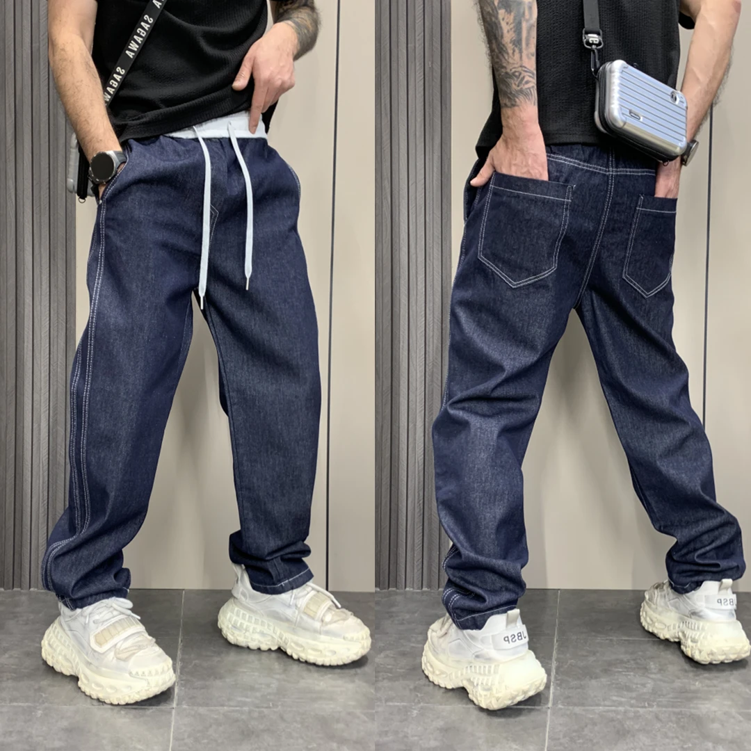 春季新品男士蓝色水洗牛仔裤宽松纯色老爹裤小脚哈伦裤休闲长裤潮