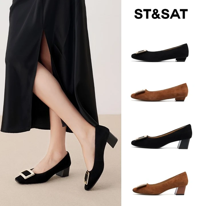 【素金雅扣】星期六时尚鞋子方头方扣通勤百搭跟鞋皮鞋1475/1020