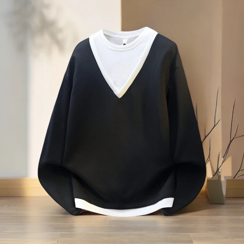 轻奢男士卫衣新款时尚长袖T恤假两件V领套头秋冬季打底衫韩版休闲