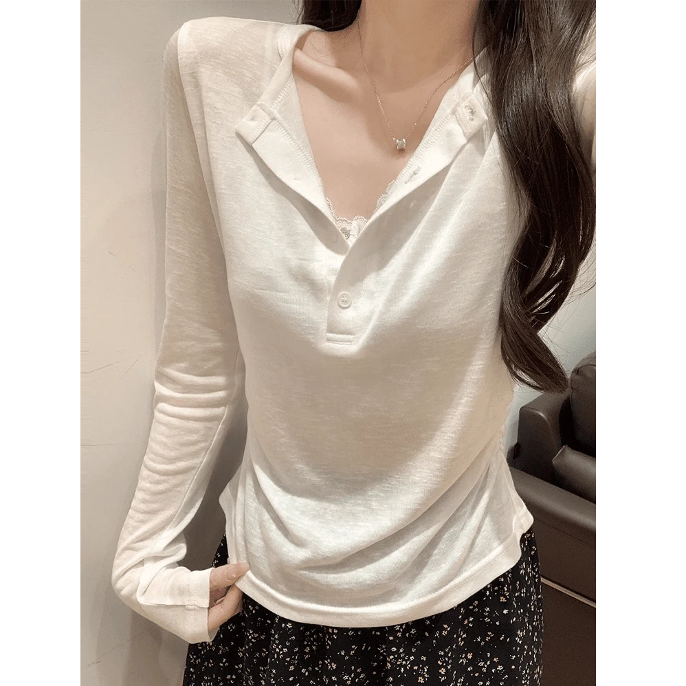 简衣 杏色假两件v领防晒罩衫蕾丝拼接T恤女夏季休闲风女装薄款微