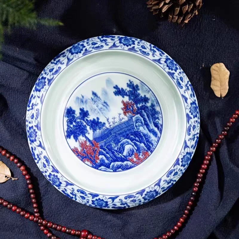 景德镇七丞堂陶瓷清流胜境壶承大茶盘盖碗茶具泡台家用圆形青花