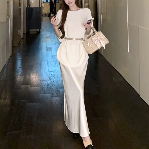 小九九 老钱风夏季套装上衣仿缎面半身裙两件套（99618裙/99619衣)