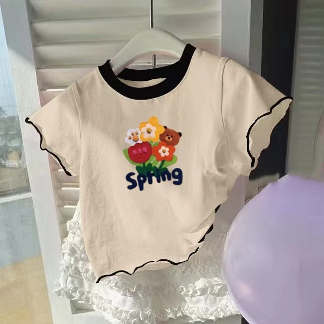 女童夏季凉感棉短袖拼色卡通印花打底洋气上衣宝宝休闲薄款圆领