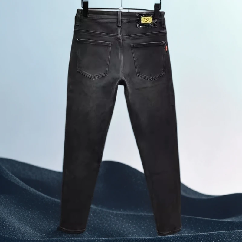 巴赛娜缇时尚黑灰色九分牛仔裤男加厚潮牌修身弹力休闲长裤新款