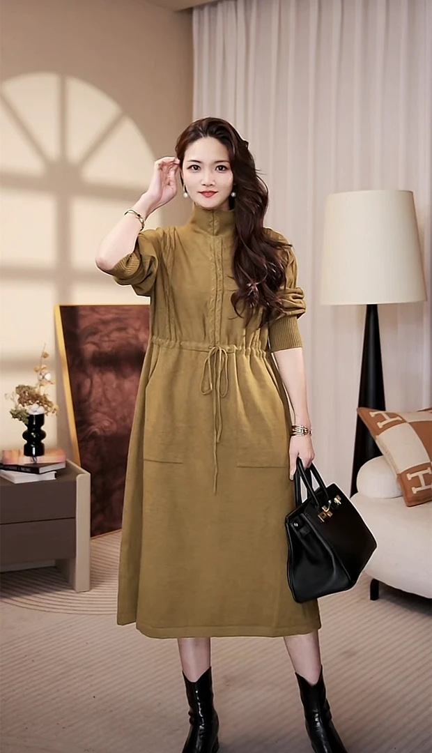 高端品质[谍影迷情]秋冬长款高领束腰设计毛衣显瘦连衣裙-1252#