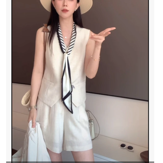 老钱风法式无袖马甲套装女2025夏季薄款气质修身马甲+短裤两件套