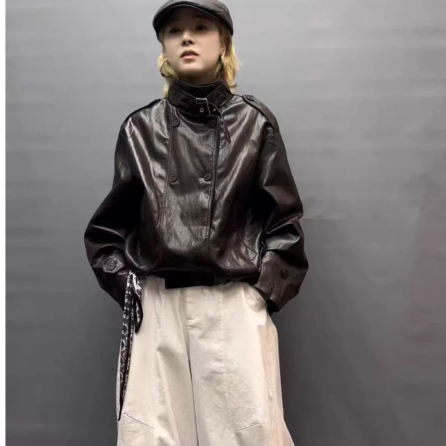 25132时尚复古双排扣皮衣外套