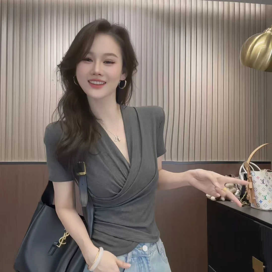 【DXJ家定制】纯欲修身V领设计款夏季短袖设计感上衣19A067