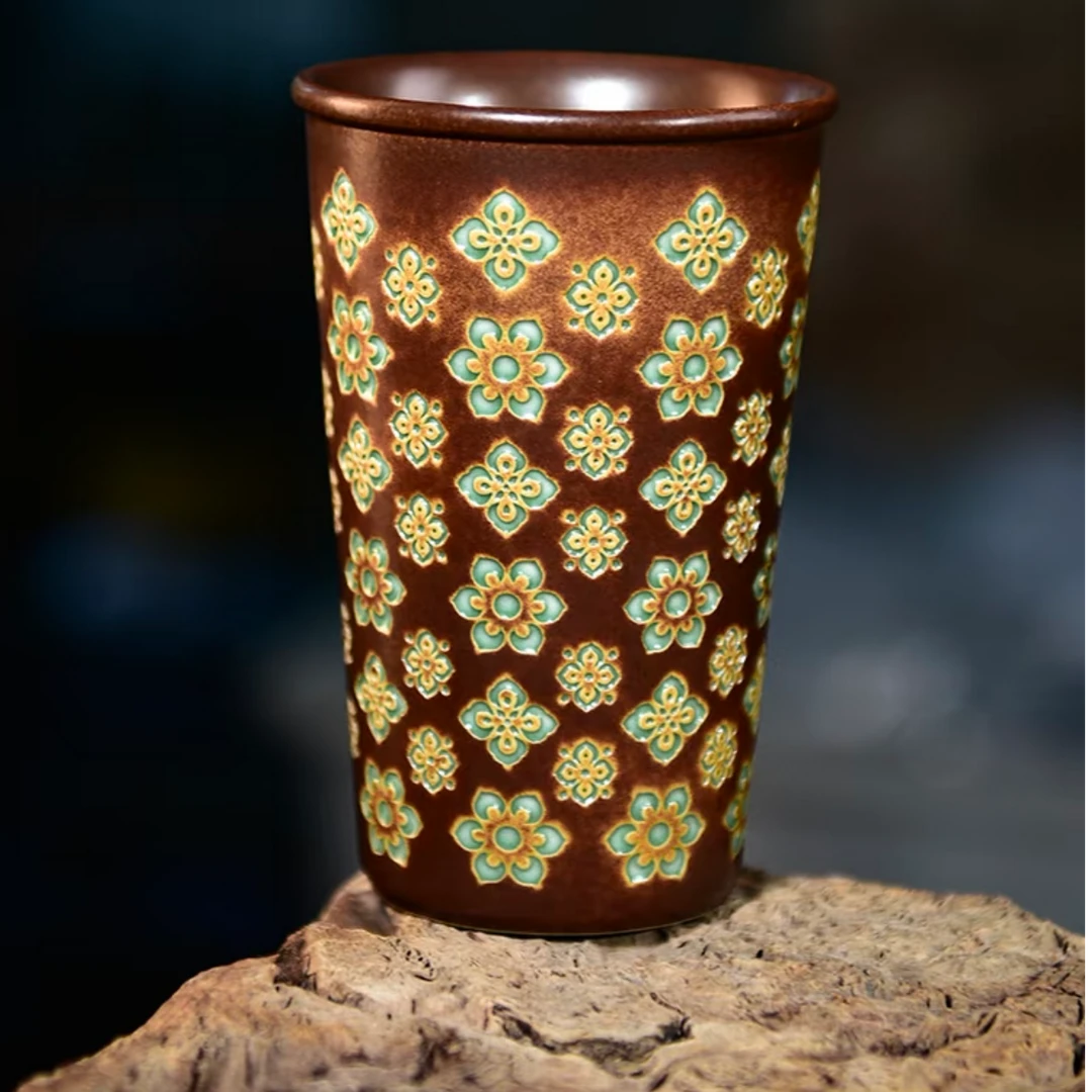 宝相花可乐杯中式复古手握杯拿铁杯家用大容量杯子