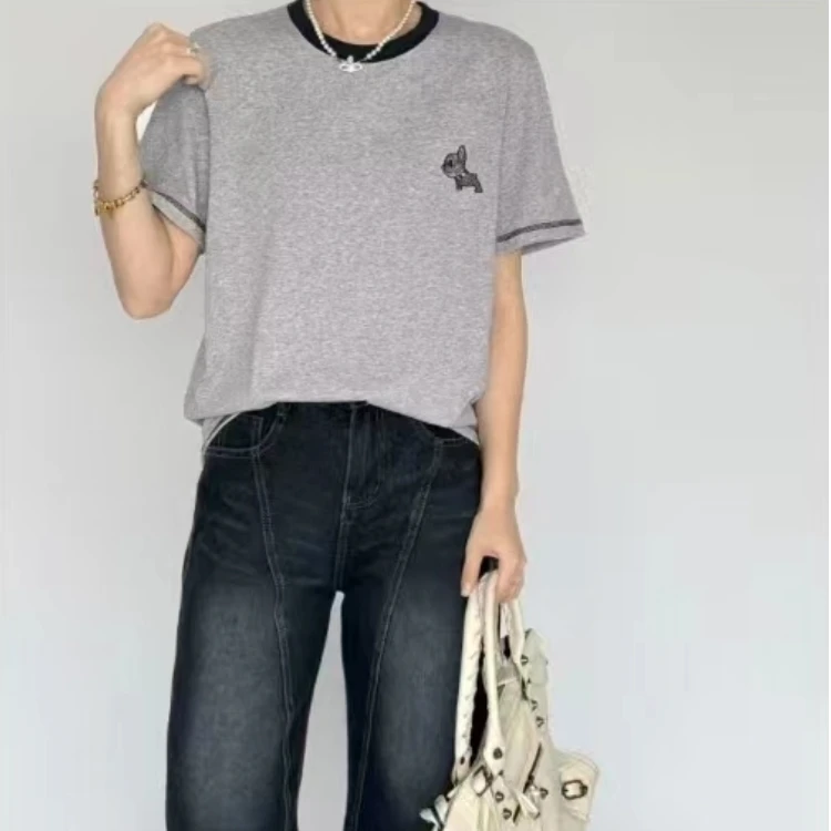 夏季新款「法斗简约纯色撞色领短袖」LW25135韩版凉感舒适T恤