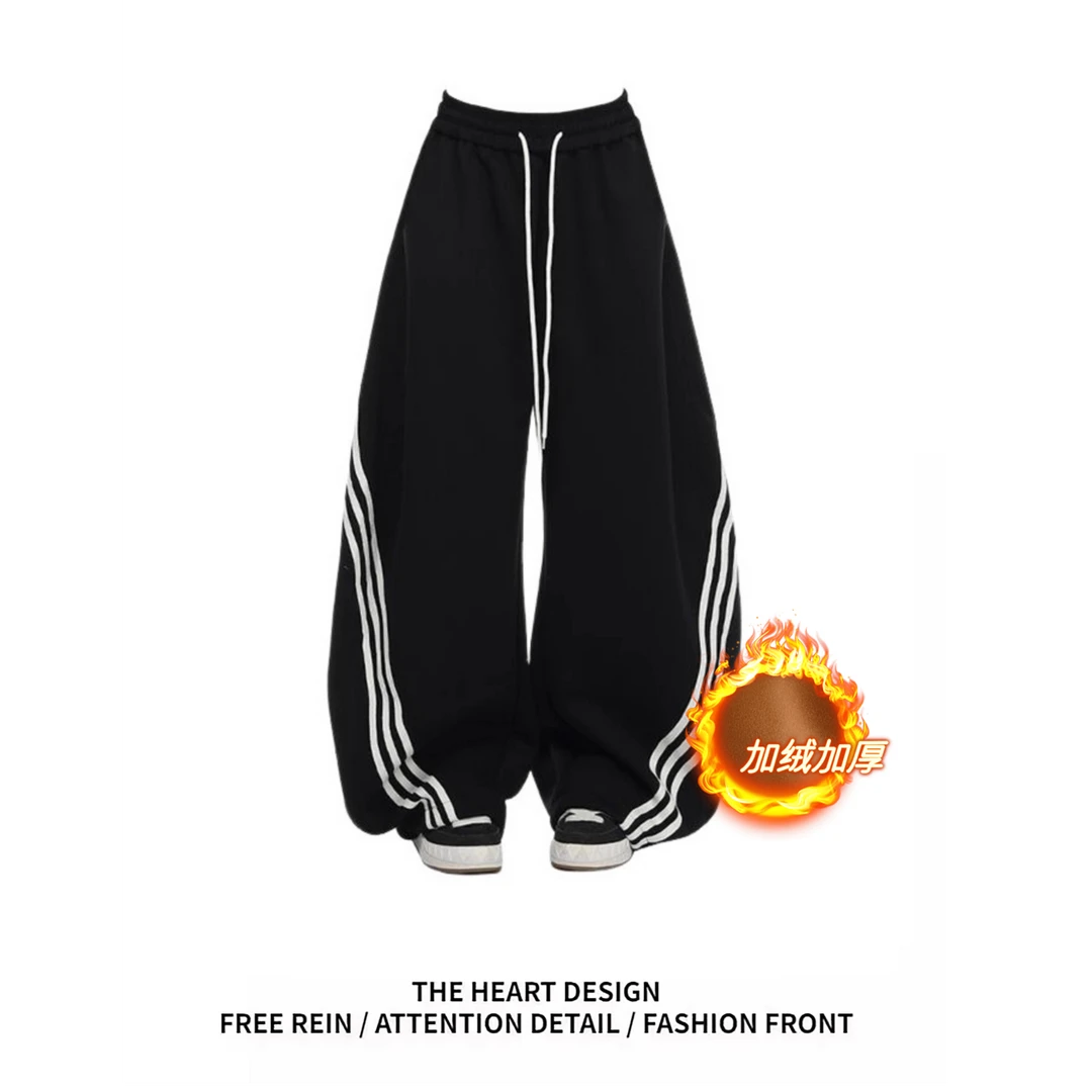 美式复古加绒加厚阔腿弯刀裤子女秋冬季设计感宽松运动卫裤休闲裤