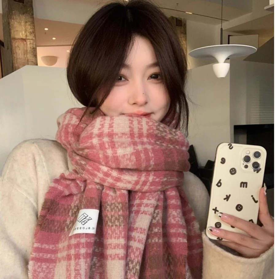 圣诞红色系格子围巾女冬韩版百搭围脖保暖新年情侣款仿羊绒围巾