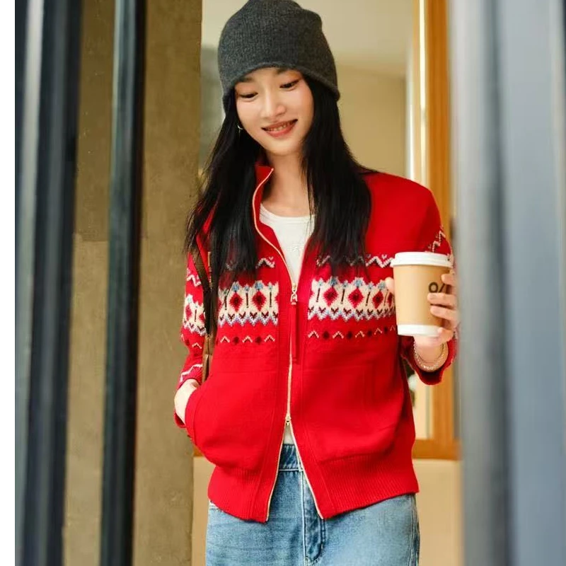 E&P牦牛绒羊毛羊绒费尔岛提花拉链羊绒衫毛衣