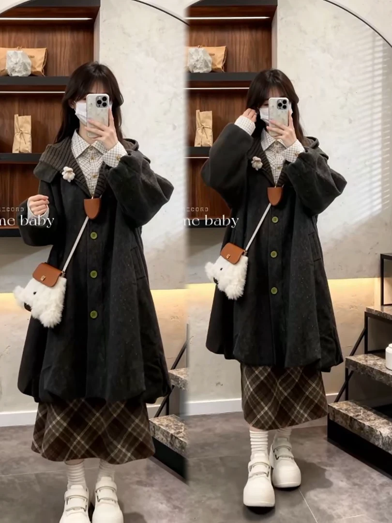 年终狂欢季秋冬新款韩系慵懒风格纹拼接毛呢外套百搭格子衬衫半身